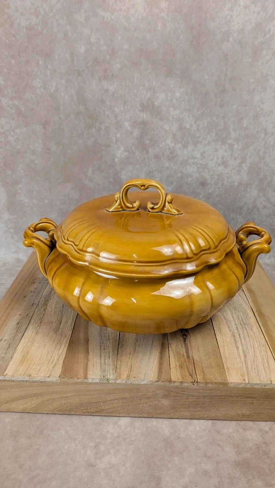 Sopeira vintage de cerâmica esmaltada amarelo mostarda com tampa – photo 2